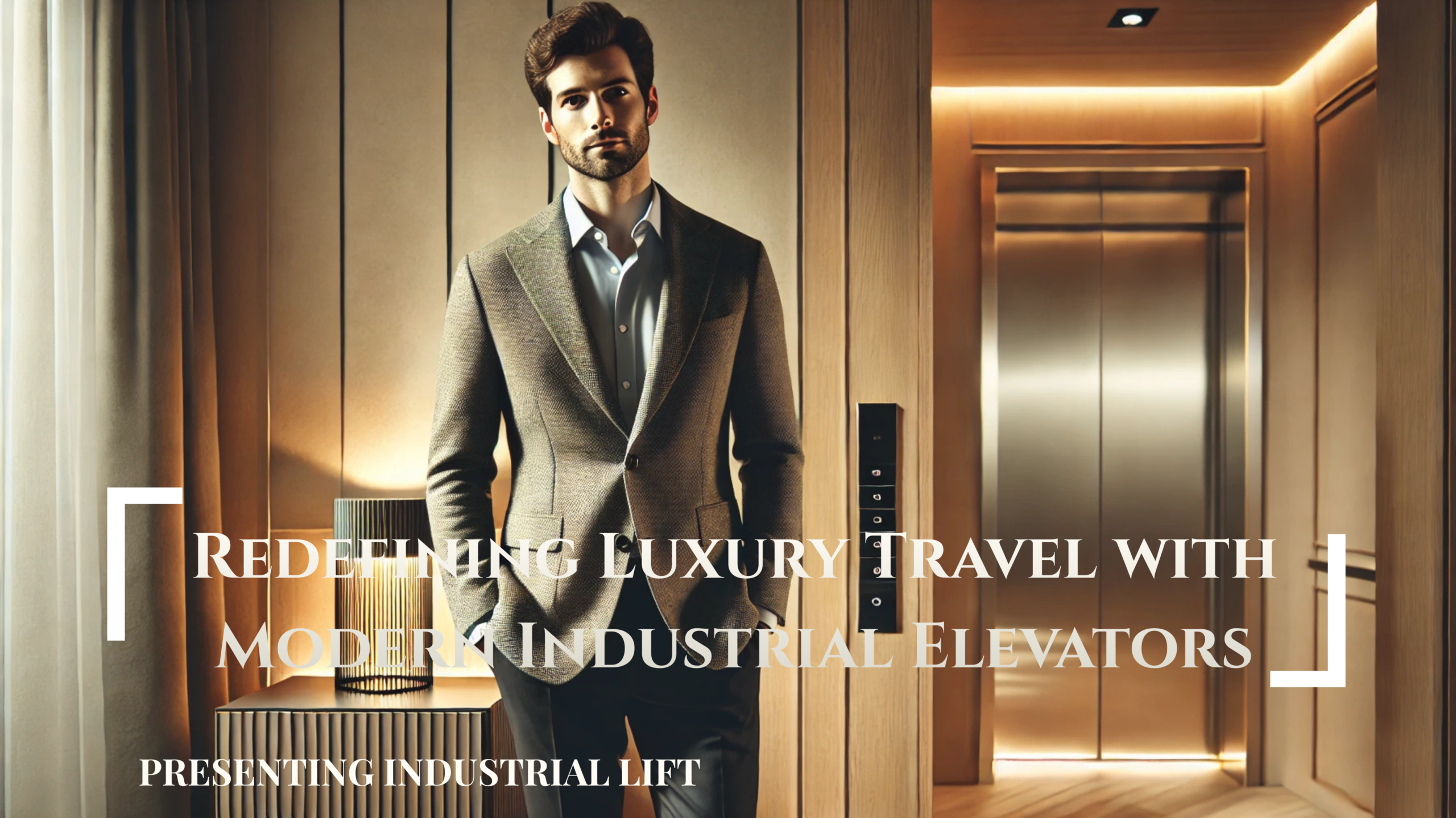 Stylish man standing beside a modern luxury industrial elevator in a premium interior, representing elevated travel and high-end lift design.