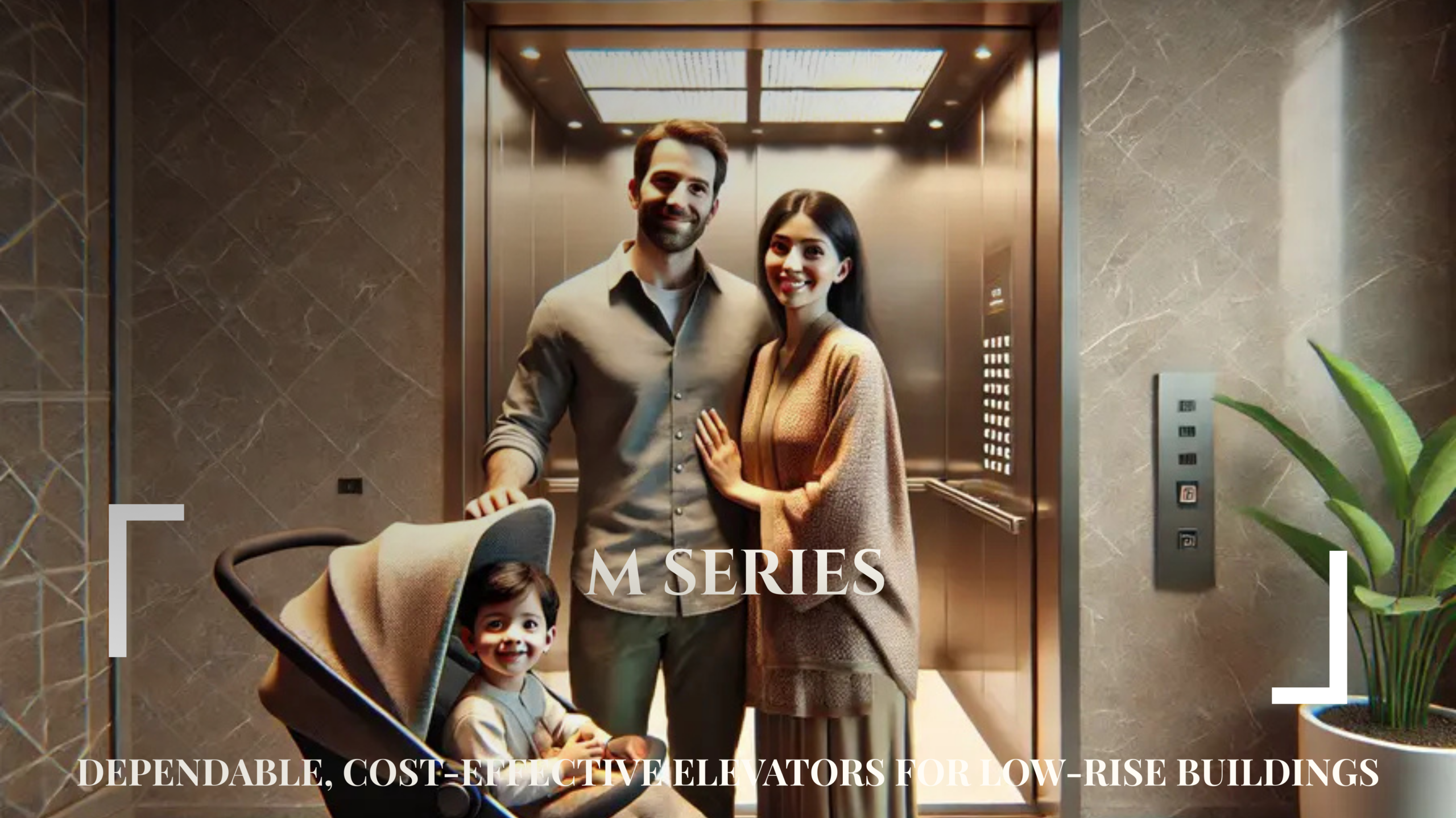 A family with a young child inside a modern M Series elevator, showcasing a dependable and cost-effective lift designed for low-rise buildings.