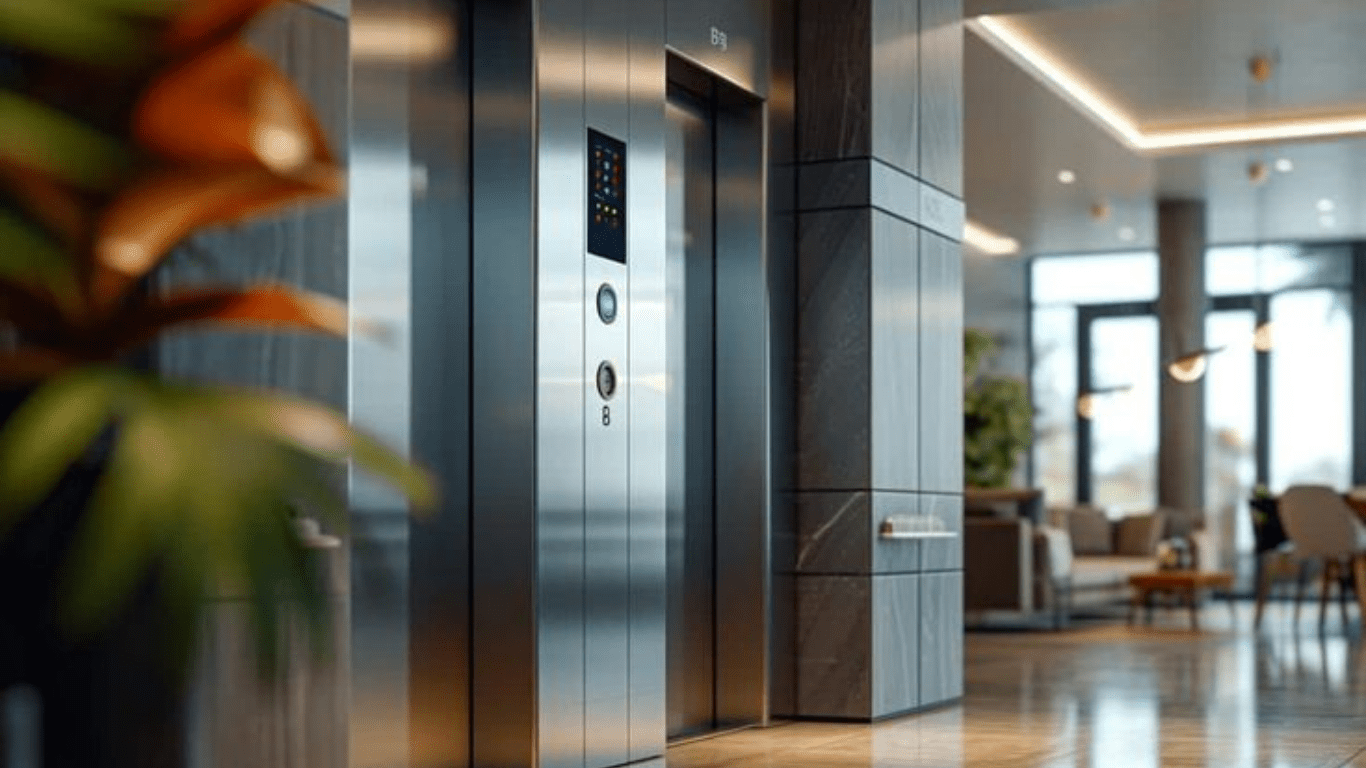 Modern elevator lobby with stainless steel lift doors and ambient lighting.
