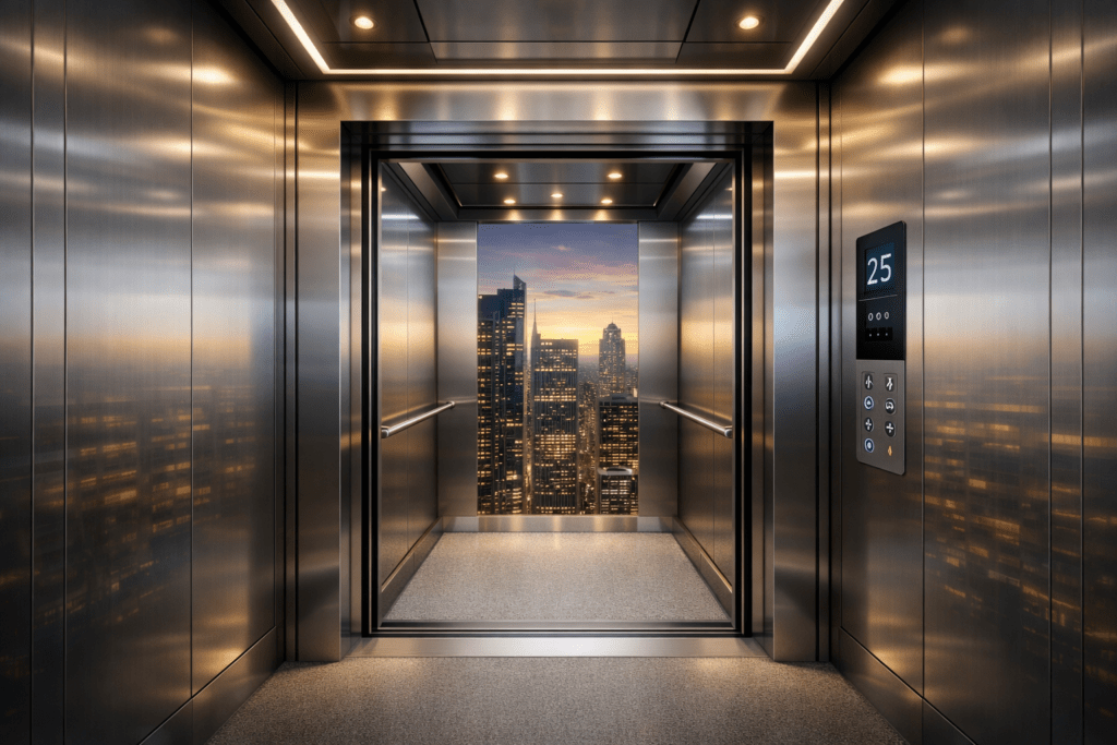 High-speed elevator interior with city skyline view in a modern high-rise building