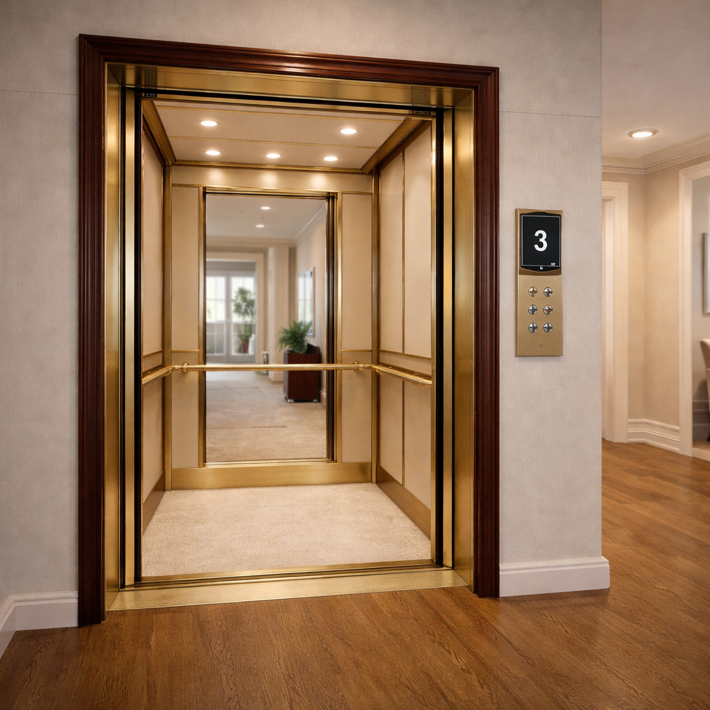 Luxury home elevator with elegant gold finish and modern interior design