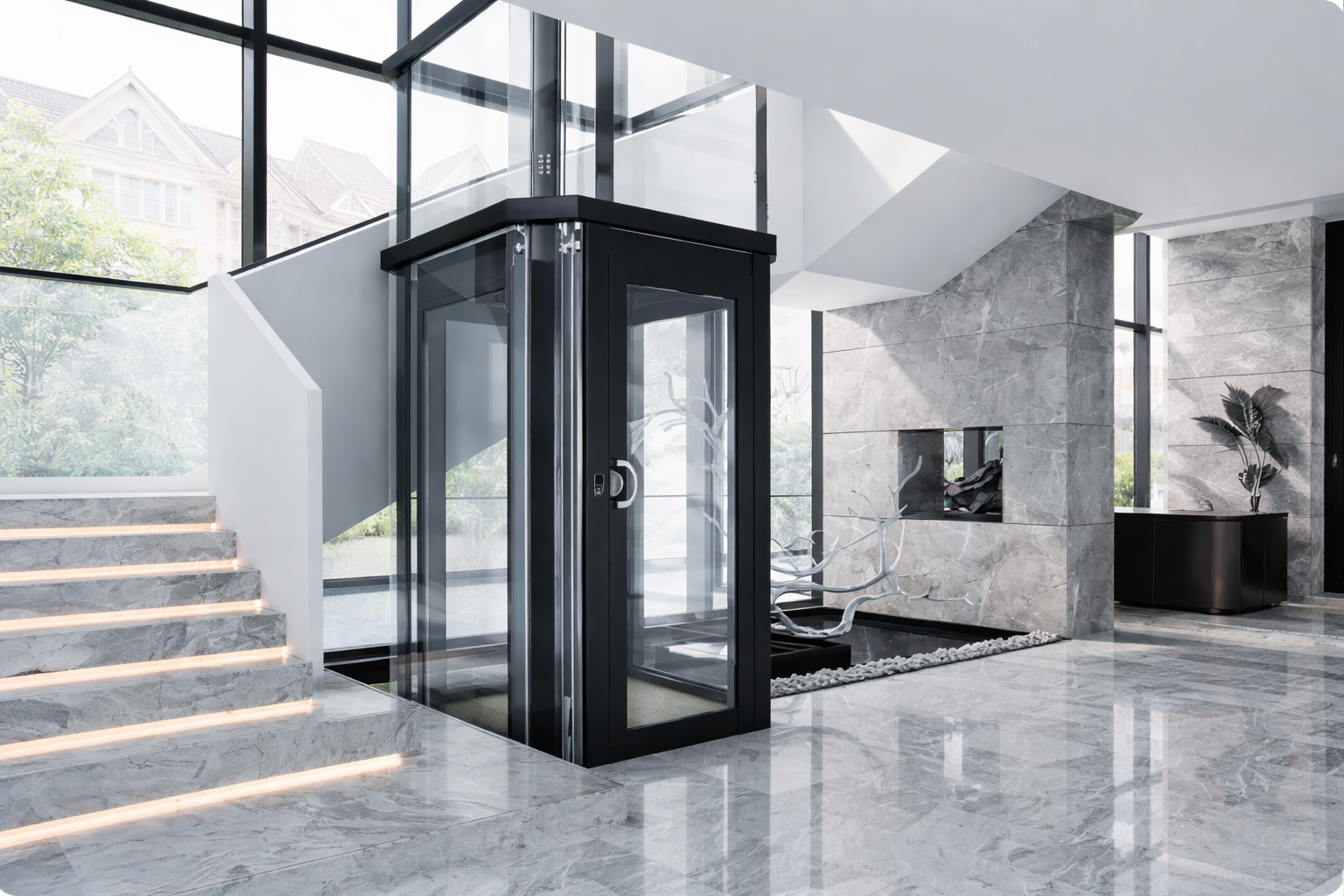 Modern glass home elevator installed in a luxury residential interior