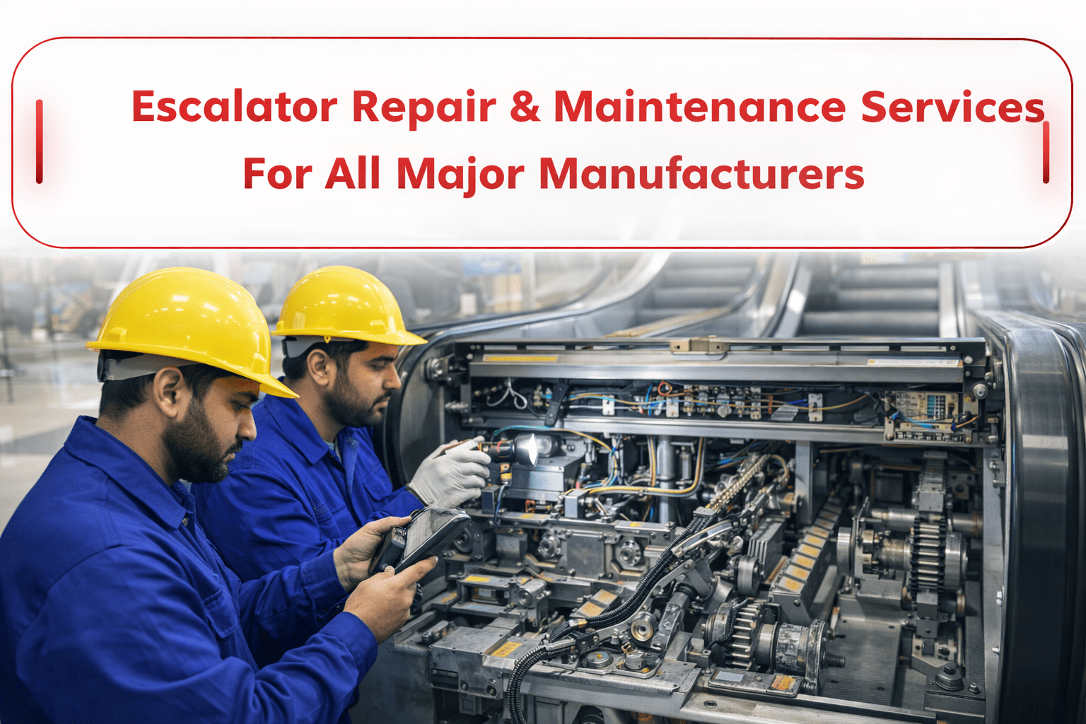 Escalator repair and maintenance technicians servicing mechanical and electrical components