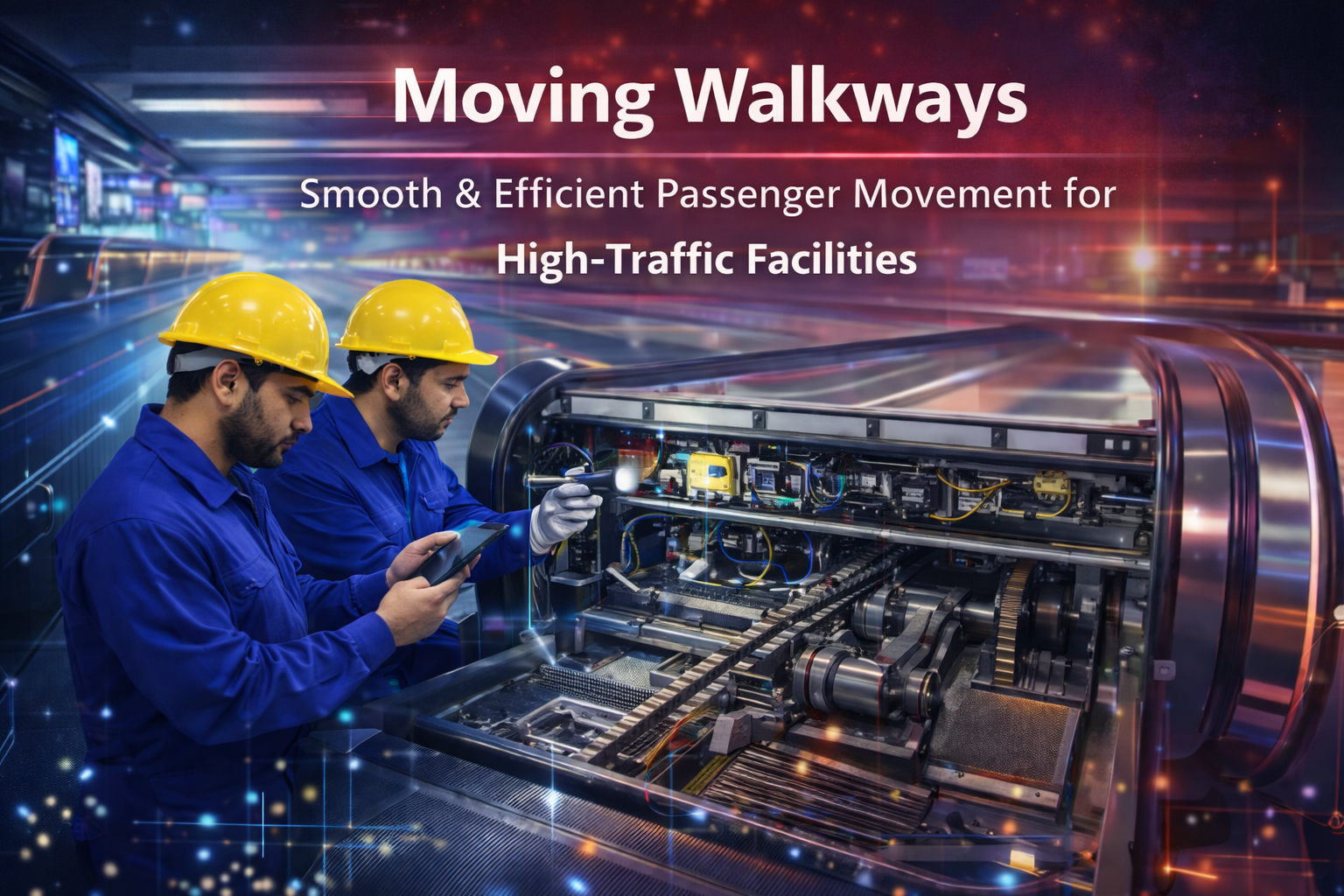 Technicians inspecting and servicing a moving walkway system in a high-traffic facility