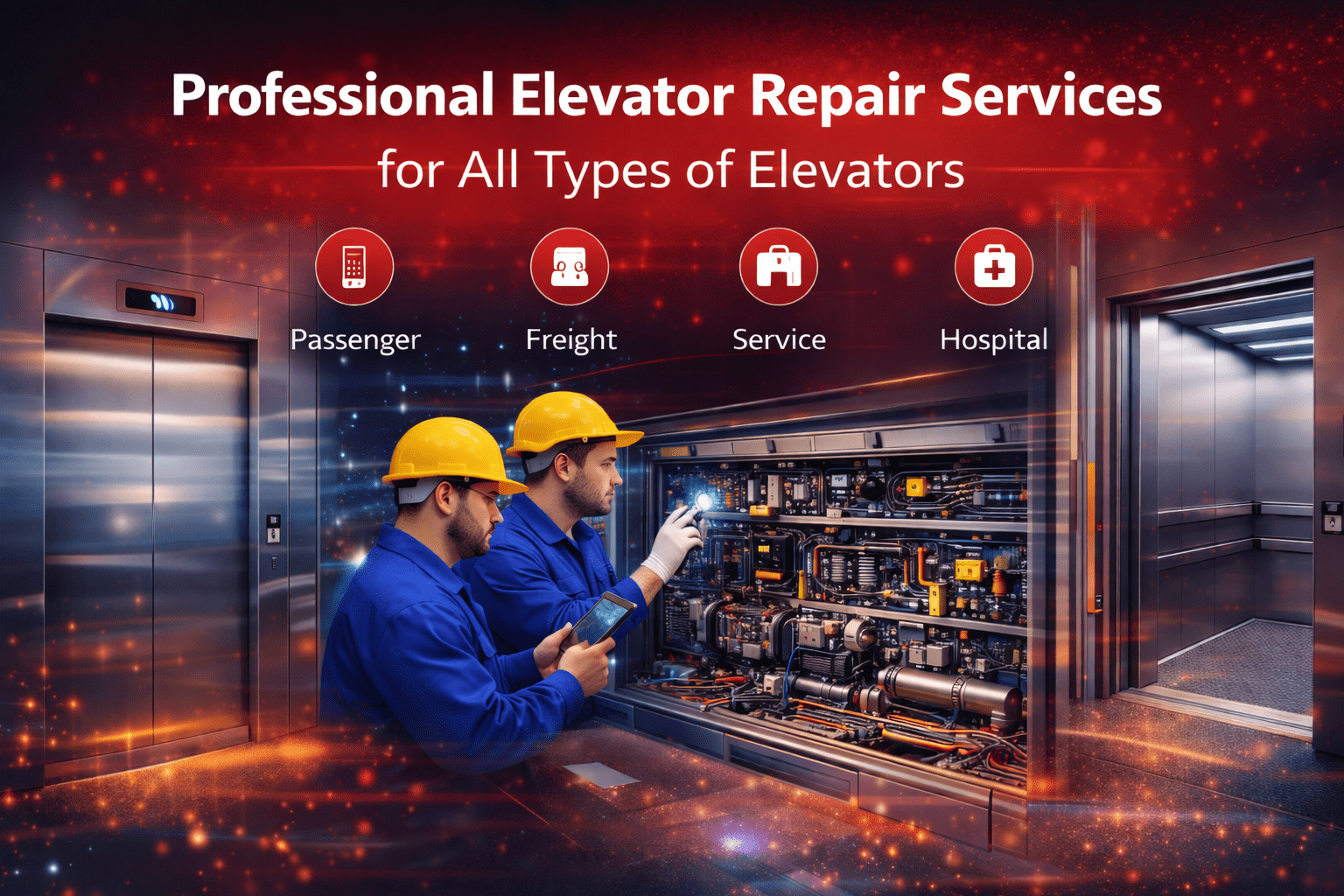 Technicians performing professional repair and maintenance on different types of elevator systems