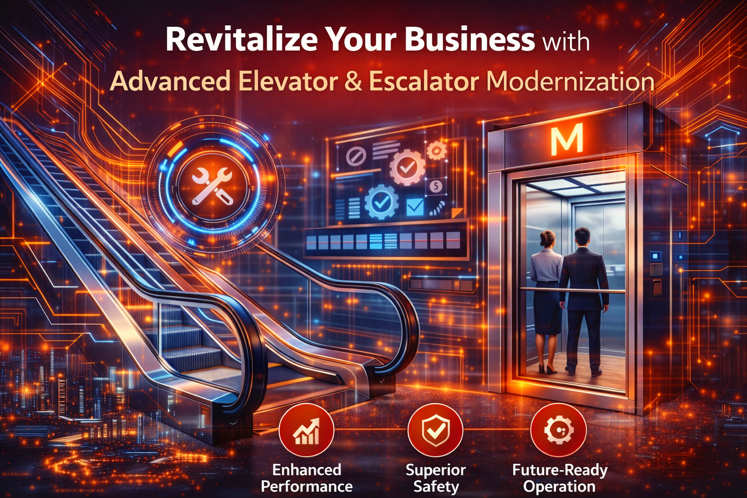Modernized elevator and escalator systems upgraded to meet latest safety codes and standards