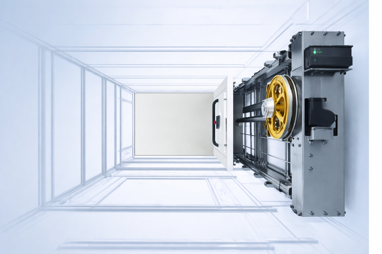 Elevator internal machinery showing traction motor, pulley system, and guide rails inside a modern elevator shaft.