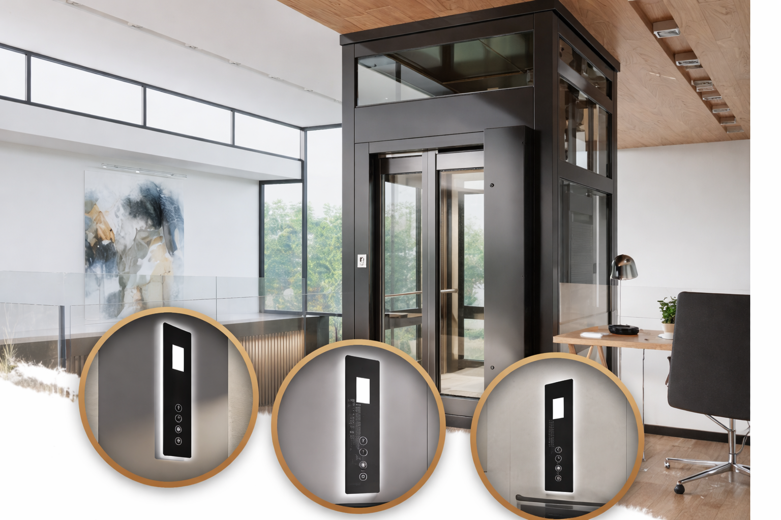 Modern glass home elevator installed in a luxury interior with sleek control panels highlighting advanced design and functionality.