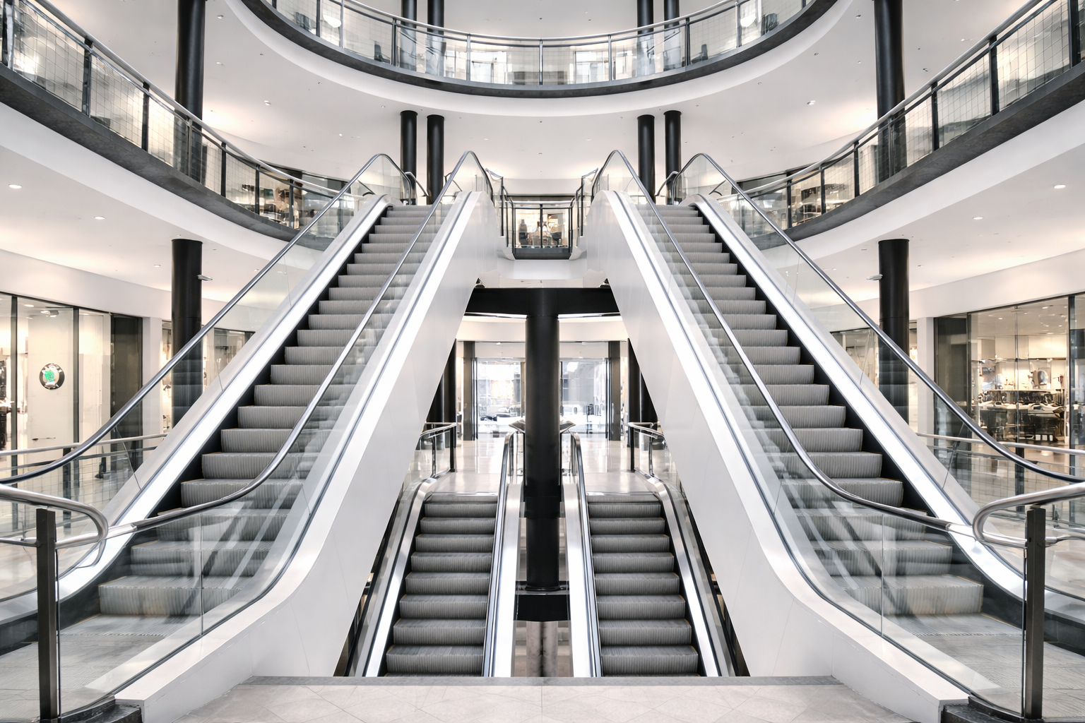 Modern multi-level building interior featuring symmetrical escalators with glass railings for smooth vertical mobility.