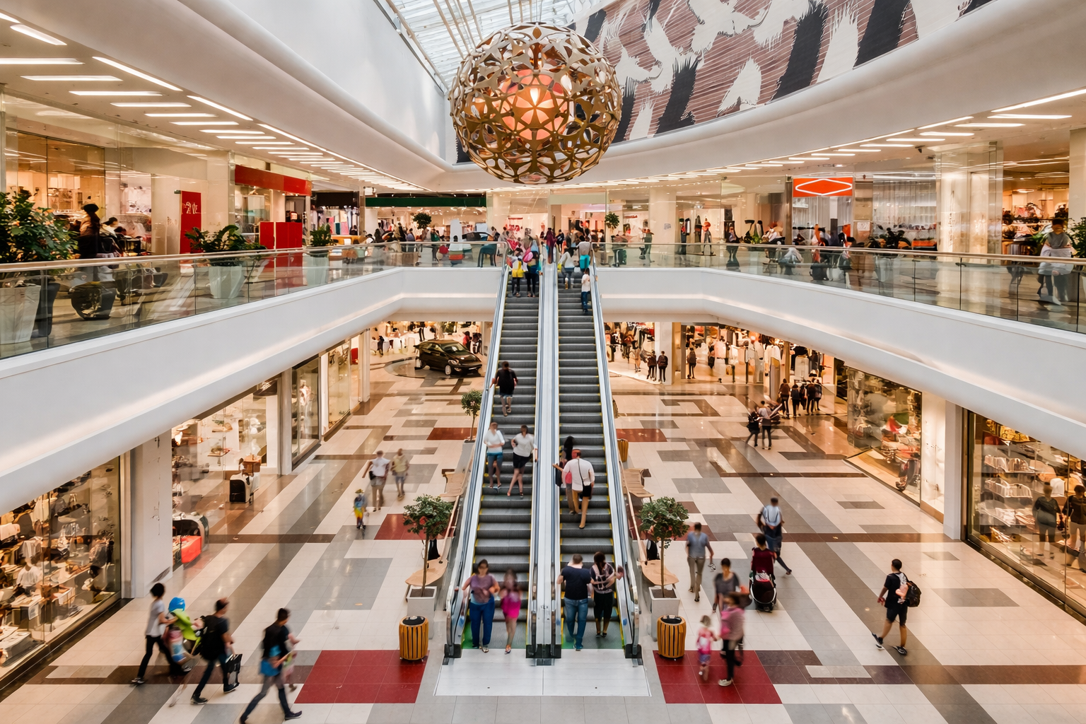 Modern shopping mall interior featuring a central escalator connecting multiple retail floors with high foot traffic.