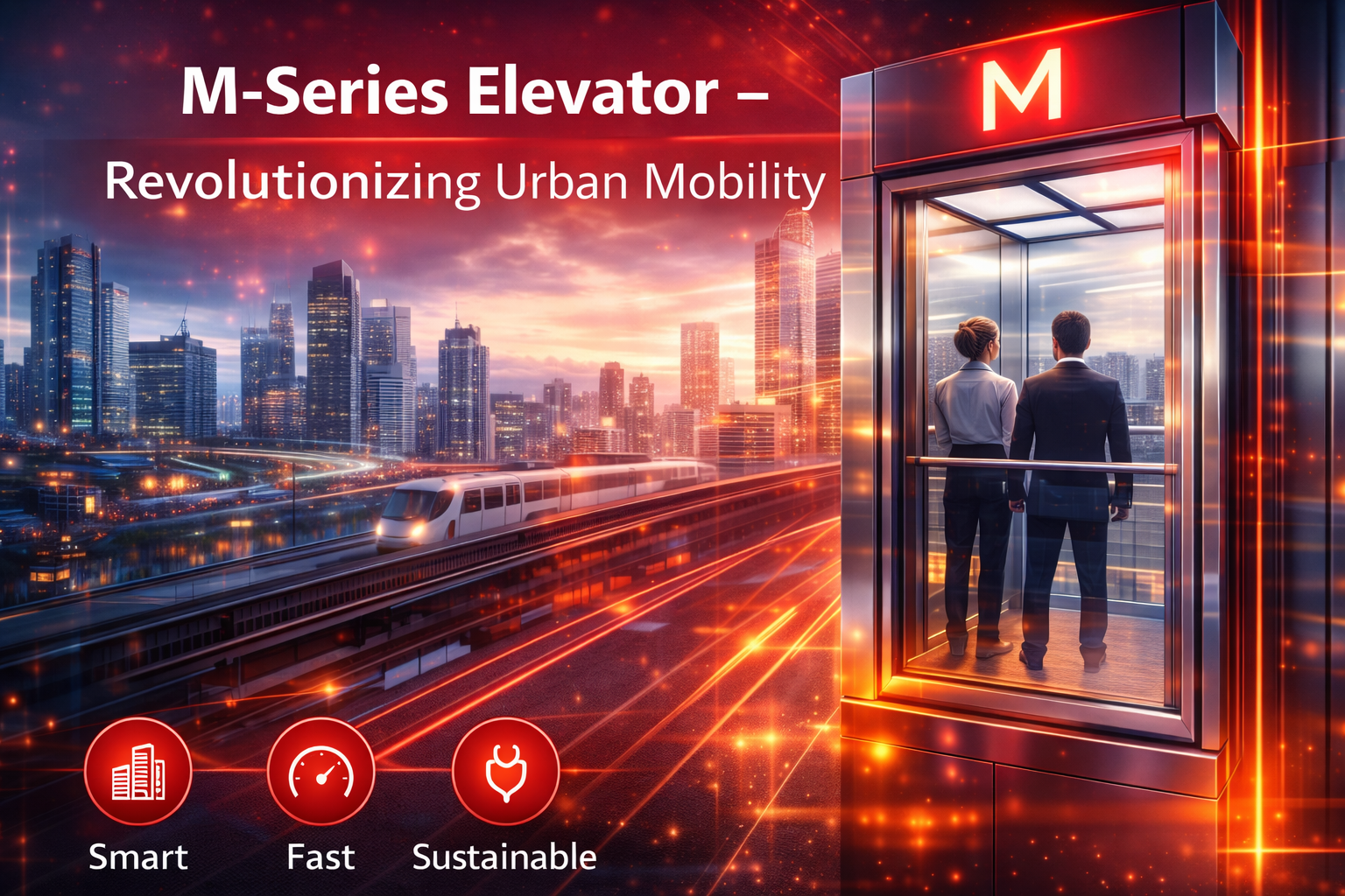 M-Series elevator in a modern city skyline showcasing advanced urban mobility and high-rise transportation