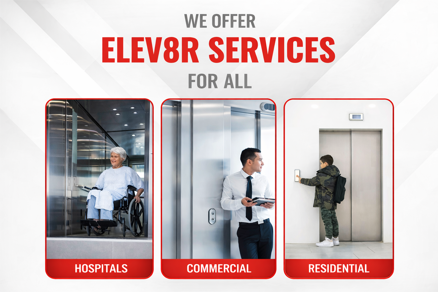 Website banner showing Elev8r elevator services for hospitals, commercial buildings, and residential properties.