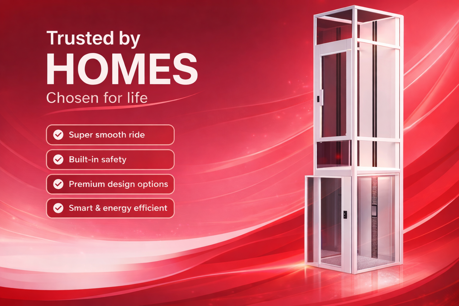 VDMIL premium elevator solutions banner showcasing modern lift design in brand red theme
