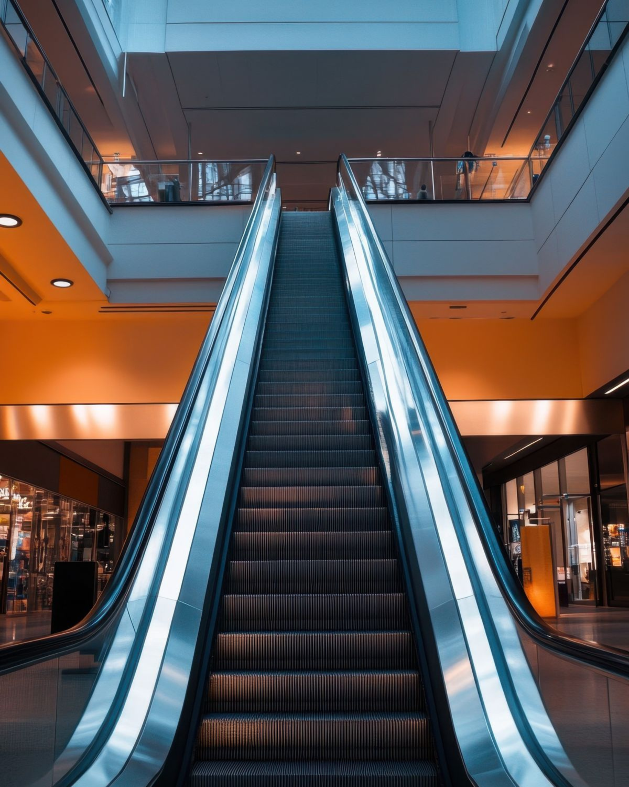 Luxury escalators with marble sidewalls and architectural lighting inside a premium commercial interior.